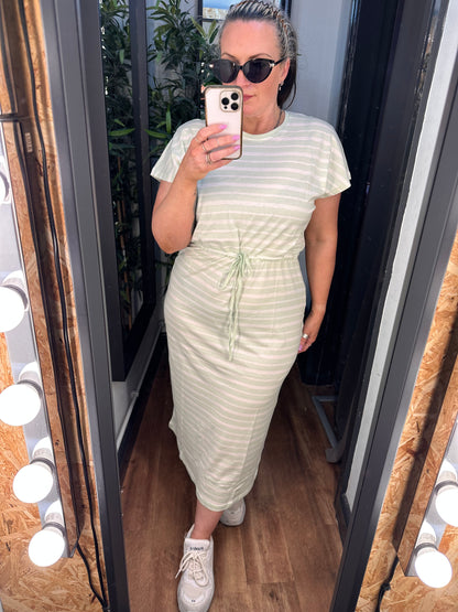ONLY May Life Short Sleeved Striped Midi Dress Subtle Green