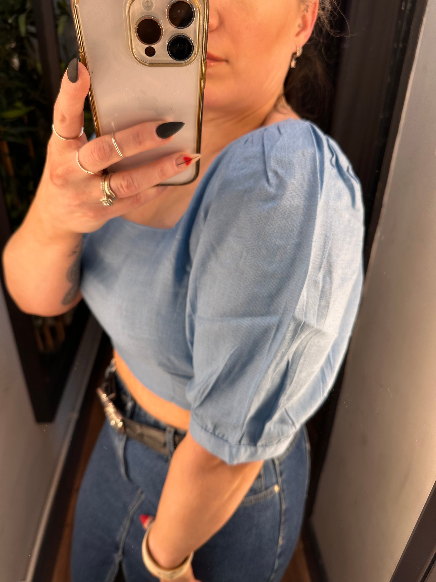 ONLY Tokyo Linen Blend Crop Top Blissful Blue