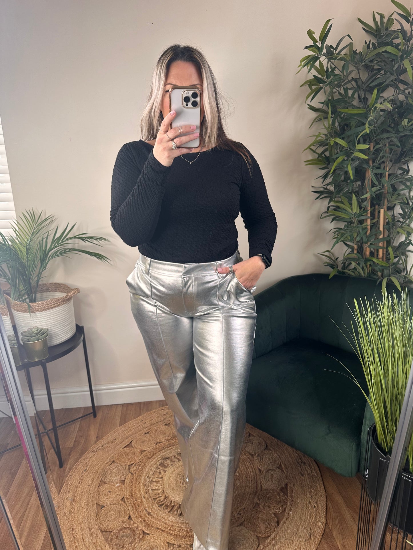 ICHI Kate Metallic Wide Leg Pant Silver