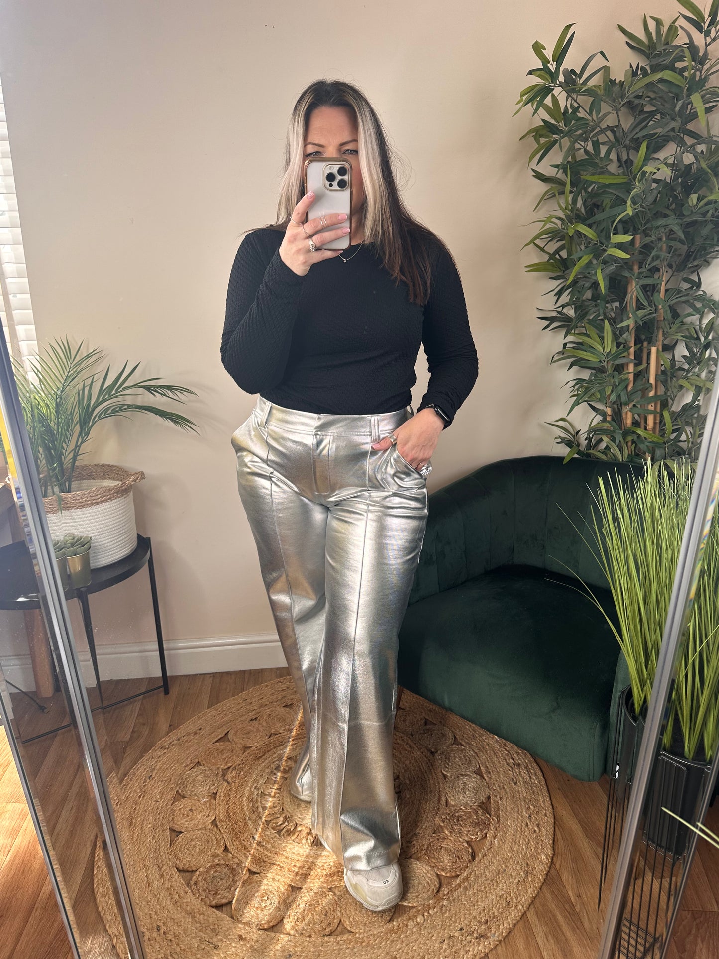 ICHI Kate Metallic Wide Leg Pant Silver