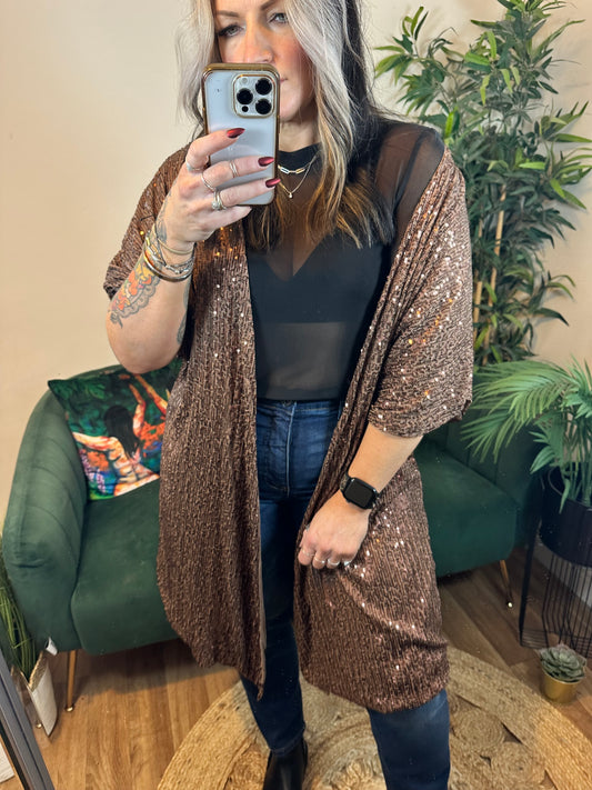 JESSIE Sequin Short Sleeve Wrap Cardigan Mocha