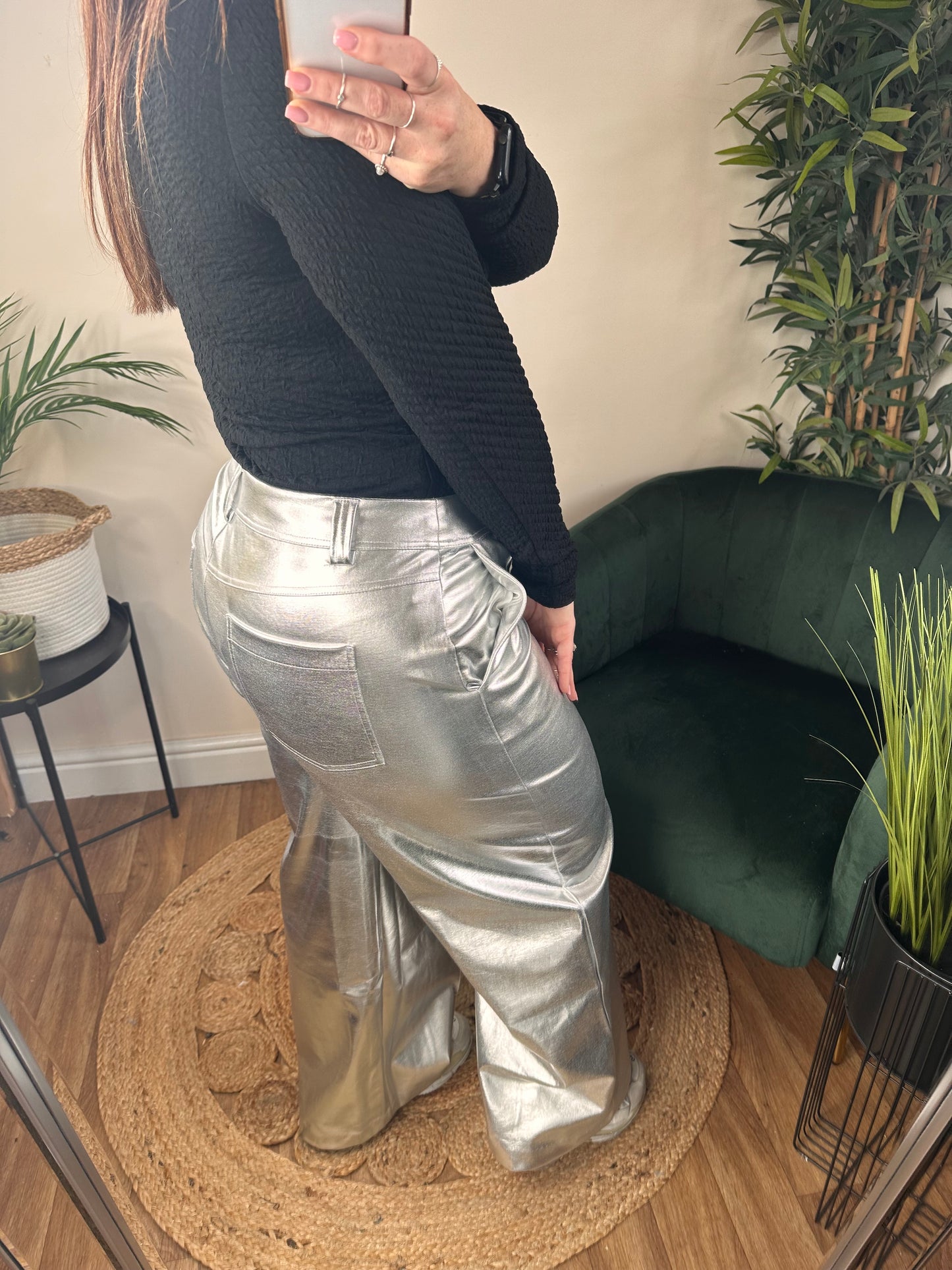 ICHI Kate Metallic Wide Leg Pant Silver