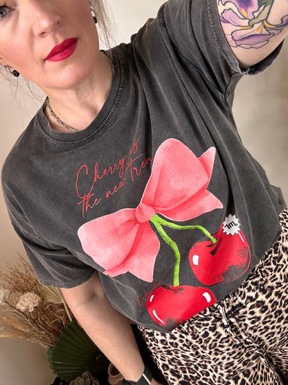 CHERIE Cherry Bow T-shirt Vintage Black