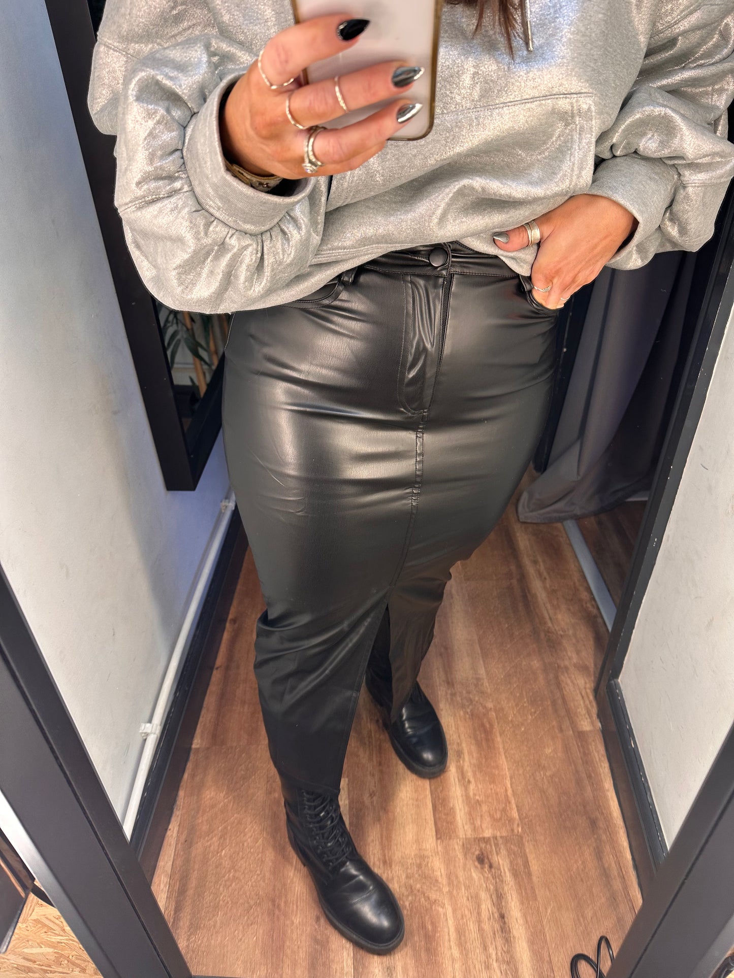 Kylie PU Leather Midi Skirt Black
