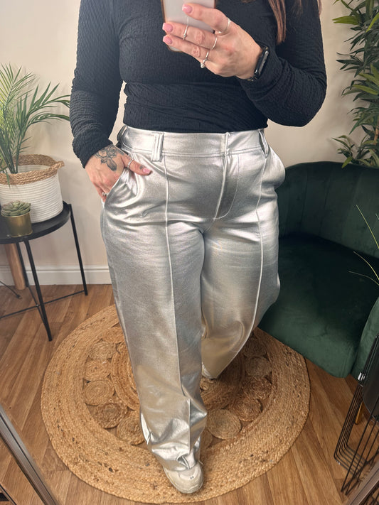 ICHI Kate Metallic Wide Leg Pant Silver